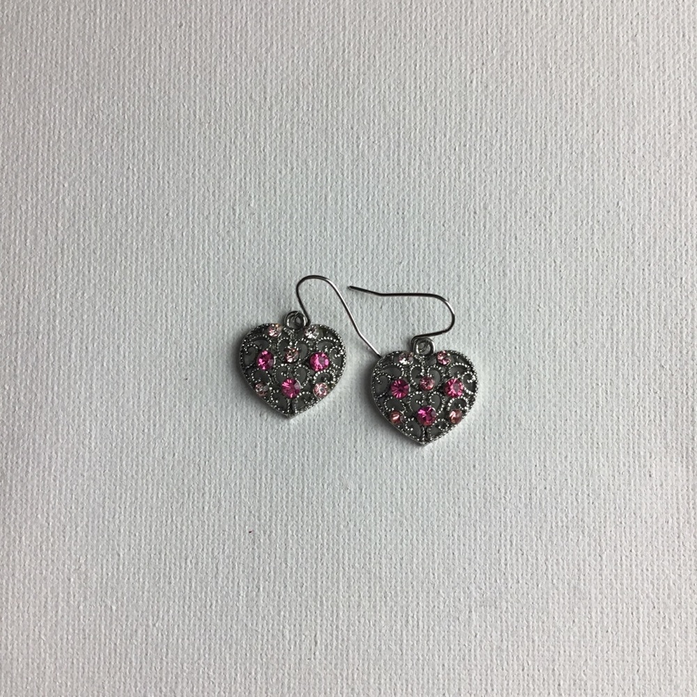Filigree Heart earrings with pink crystals
